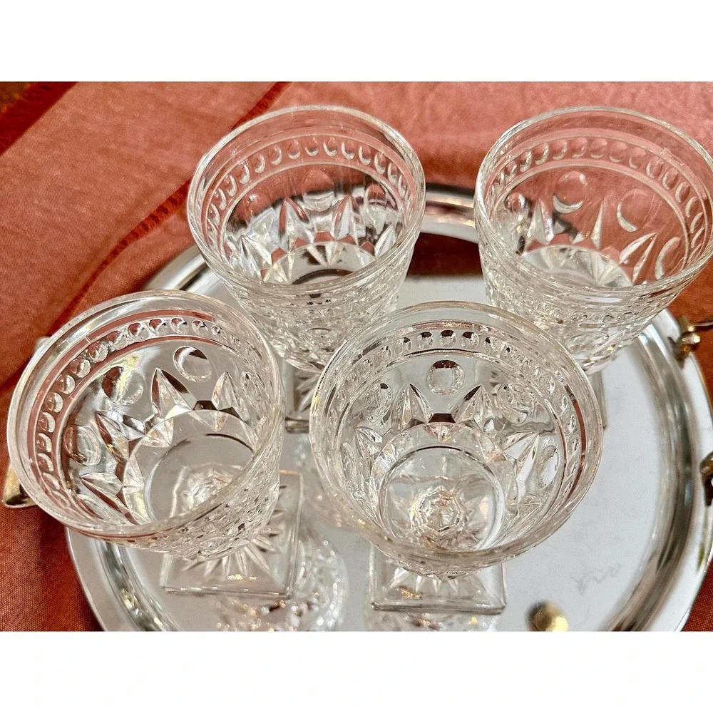 Vintage Pressed Glass Cordial Glasses Set 4 Diamond Thumbprint Square Base Clear